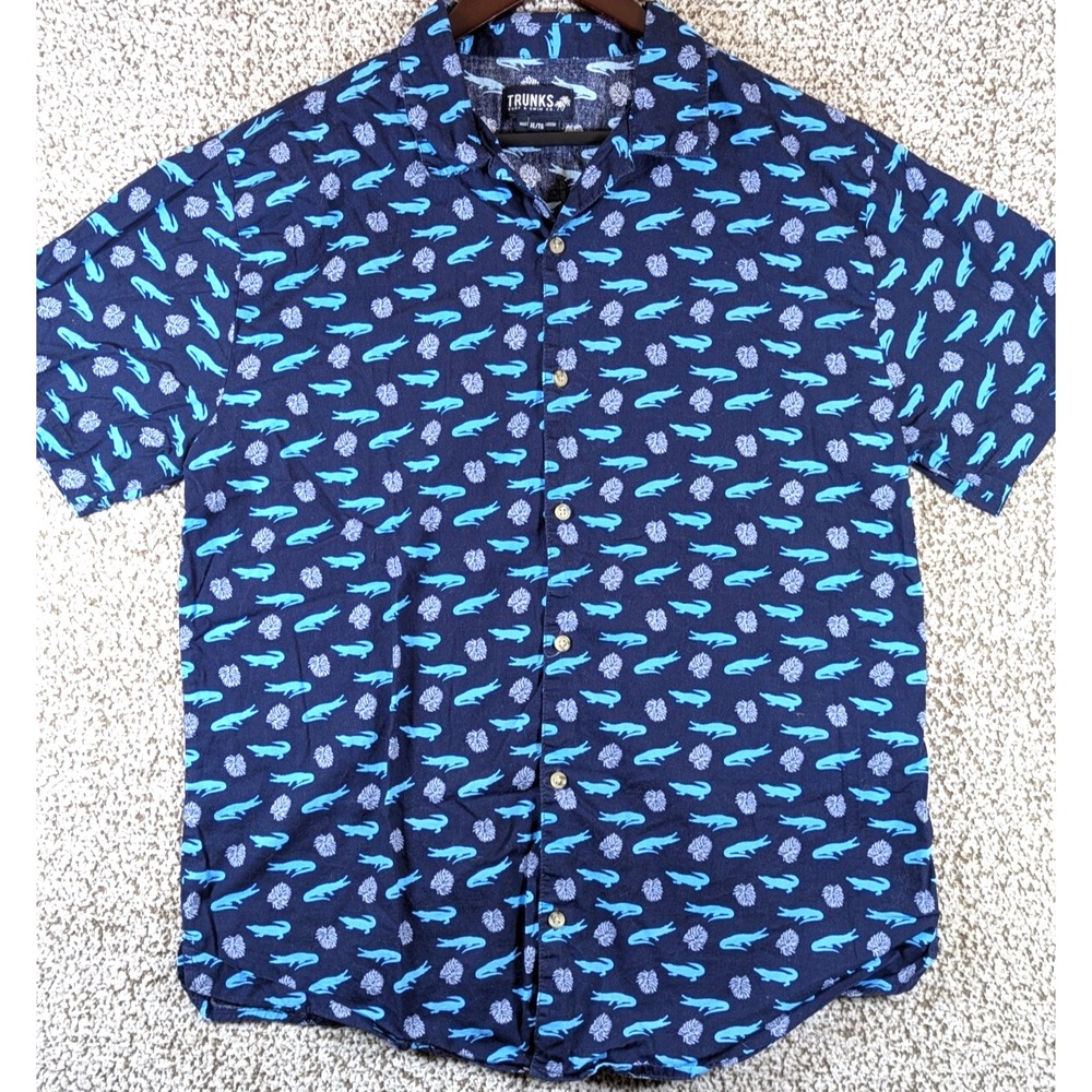 Trunks Button Up Camp Shirt Men's Size XL Blue All‎ Over Alligator Print S/S